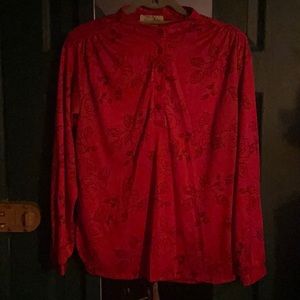 1970s Vintage Ecco Bay Red Blouse with Floral Outlines size Large